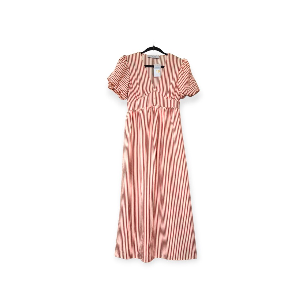 Primark Women Red Cream Striped V-Neck Puff Sleeve Maxi Dress Size 10 NEW - Picture 12 of 12